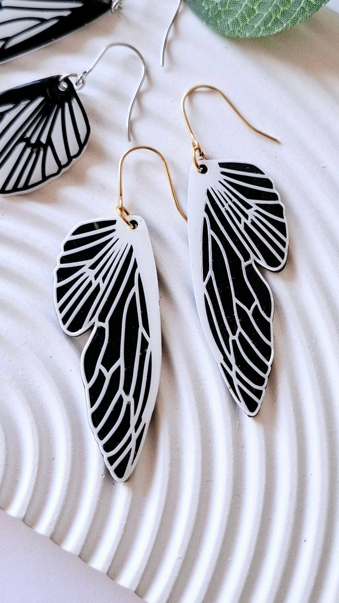 .Striking Black and White Butterfly Wing Earrings