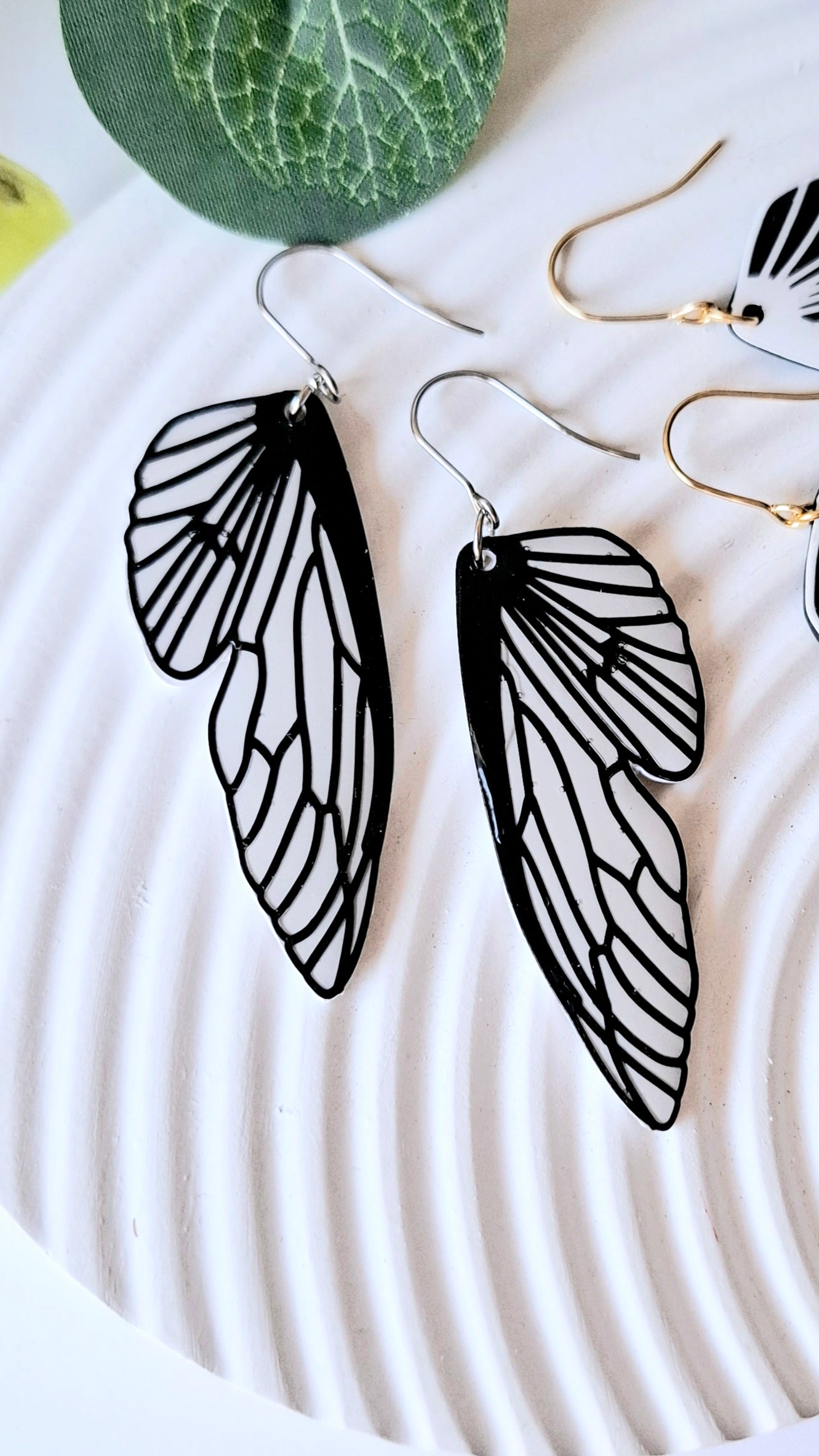 .Striking Black and White Butterfly Wing Earrings